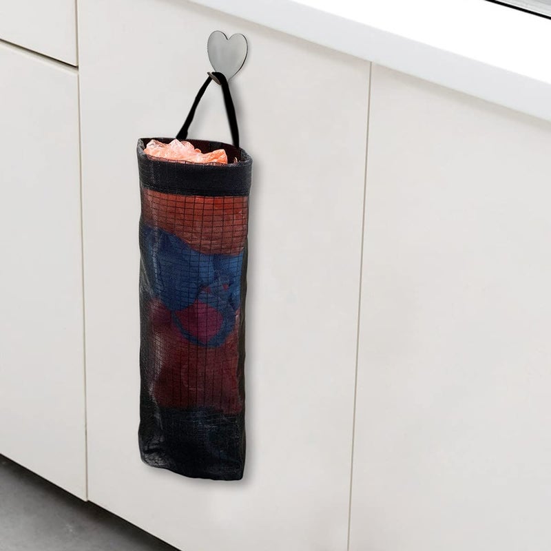 TTSAM 2 Pcs Plastic Bag Holder Trash Bags Storage Dispenser Organizer for Home Kitchen Mesh Hanging Storage Dispensers Recycling Garbage Folding Hanging Storage Bag Grocery Bags Holder with 2 Hooks (Black) - Image 3